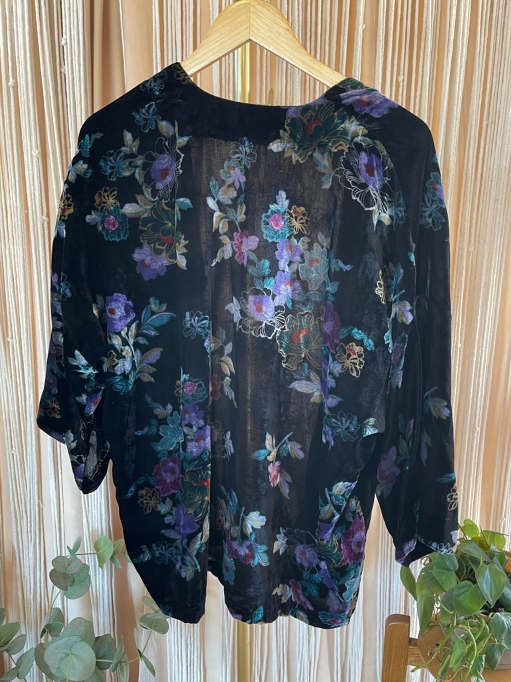 LOFT black velvet floral kimono open cardigan vibrant multicolor jewel tone - Picture 4 of 10